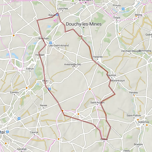 Miniature de la carte de l'inspiration cycliste "Boucle Gravel autour de Rœulx et ses environs" dans la Nord-Pas de Calais, France. Générée par le planificateur d'itinéraire cycliste Tarmacs.app