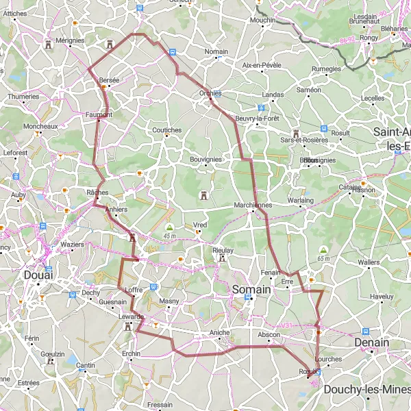 Miniature de la carte de l'inspiration cycliste "Randonnée en Gravel autour de Rœulx" dans la Nord-Pas de Calais, France. Générée par le planificateur d'itinéraire cycliste Tarmacs.app