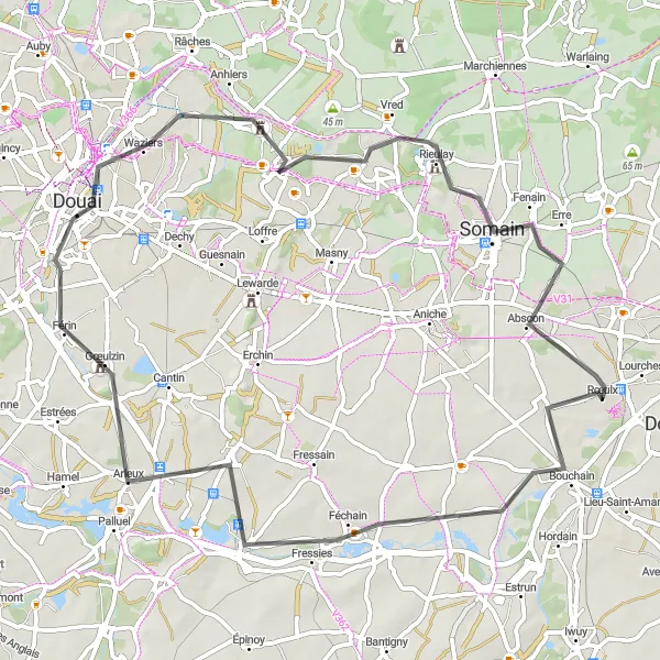 Map miniature of "The Bouchain Loop" cycling inspiration in Nord-Pas de Calais, France. Generated by Tarmacs.app cycling route planner