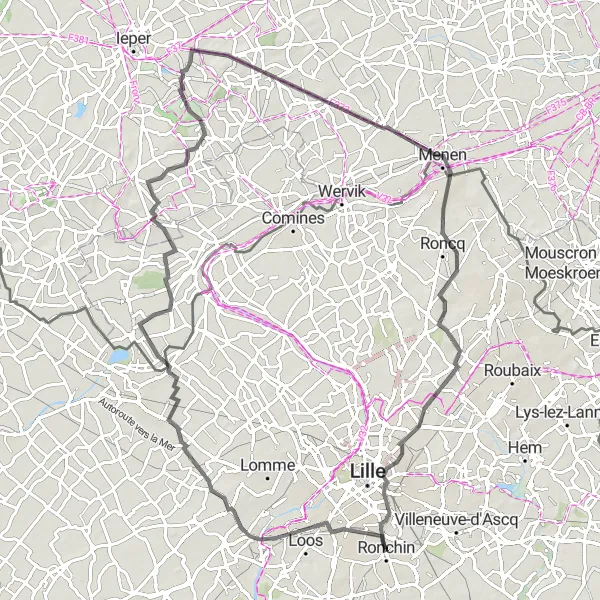Map miniature of "Ronchin to Euralille Expedition" cycling inspiration in Nord-Pas de Calais, France. Generated by Tarmacs.app cycling route planner