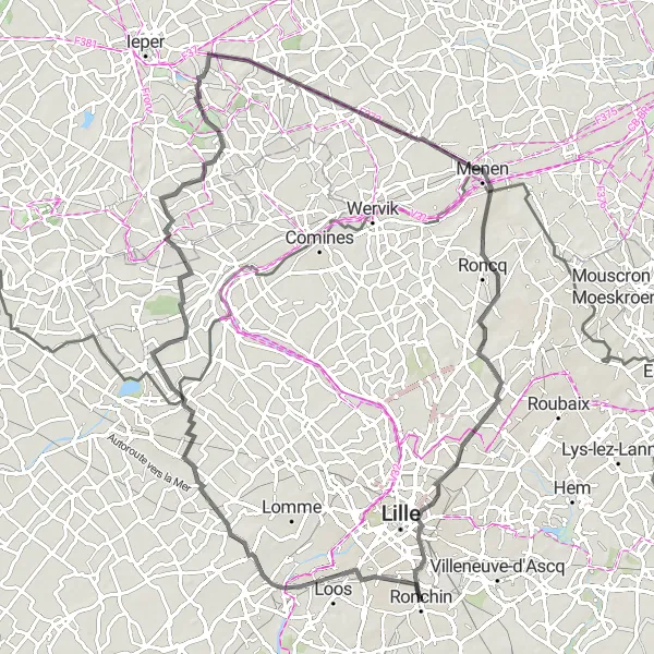 Miniature de la carte de l'inspiration cycliste "Boucle transfrontalière entre France et Belgique" dans la Nord-Pas de Calais, France. Générée par le planificateur d'itinéraire cycliste Tarmacs.app