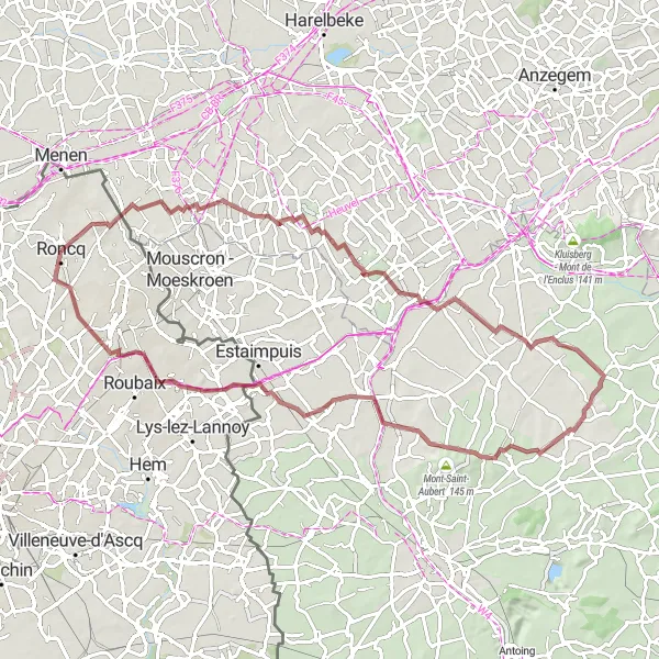 Miniature de la carte de l'inspiration cycliste "Mont Halluin & Pecq Gravel Ride" dans la Nord-Pas de Calais, France. Générée par le planificateur d'itinéraire cycliste Tarmacs.app