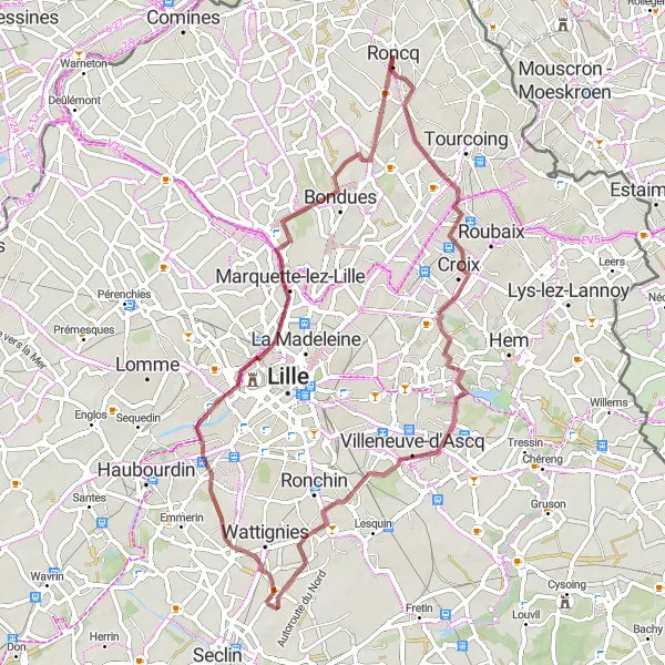 Miniature de la carte de l'inspiration cycliste "Exploration Gravel autour de Roncq" dans la Nord-Pas de Calais, France. Générée par le planificateur d'itinéraire cycliste Tarmacs.app