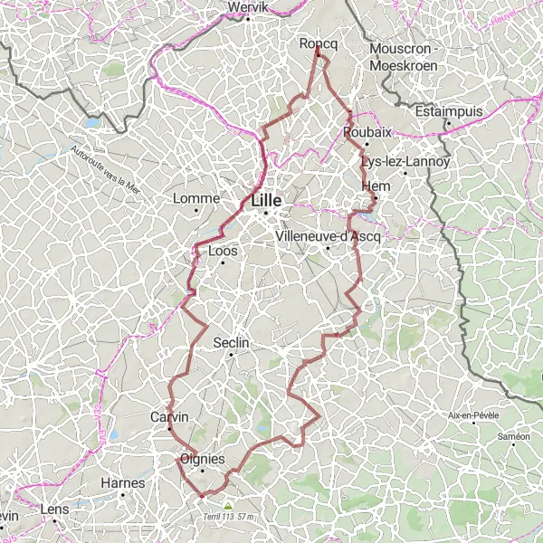 Miniature de la carte de l'inspiration cycliste "Croix & Marquette-lez-Lille Scenic Route" dans la Nord-Pas de Calais, France. Générée par le planificateur d'itinéraire cycliste Tarmacs.app