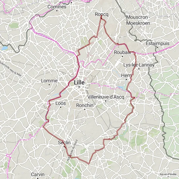 Miniature de la carte de l'inspiration cycliste "Parcours de Gravel autour de Roncq" dans la Nord-Pas de Calais, France. Générée par le planificateur d'itinéraire cycliste Tarmacs.app