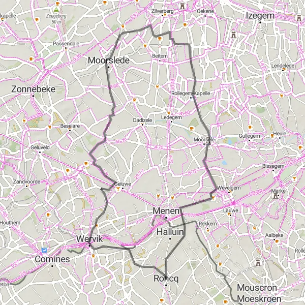 Miniature de la carte de l'inspiration cycliste "Bousbecque & Moorslede Cycling Route" dans la Nord-Pas de Calais, France. Générée par le planificateur d'itinéraire cycliste Tarmacs.app