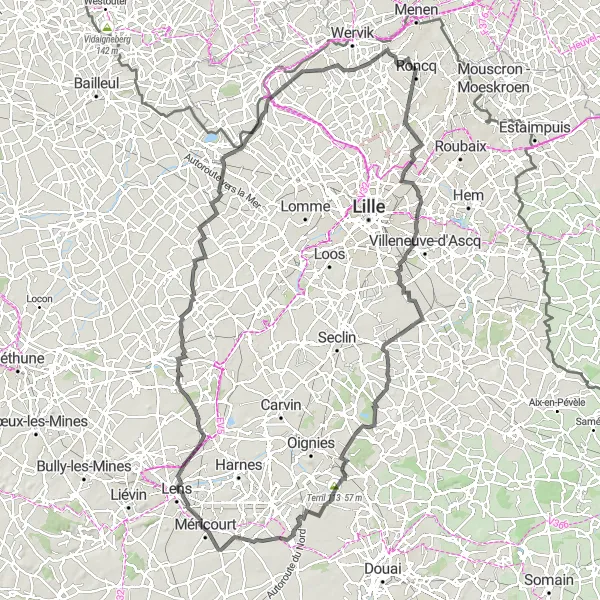 Miniature de la carte de l'inspiration cycliste "Tour Panoramique au départ de Roncq" dans la Nord-Pas de Calais, France. Générée par le planificateur d'itinéraire cycliste Tarmacs.app