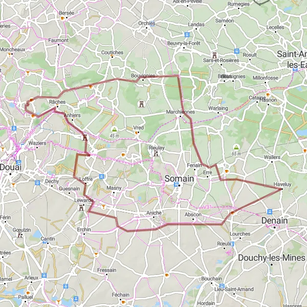 Miniature de la carte de l'inspiration cycliste "Tour à travers Abscon et Lewarde" dans la Nord-Pas de Calais, France. Générée par le planificateur d'itinéraire cycliste Tarmacs.app