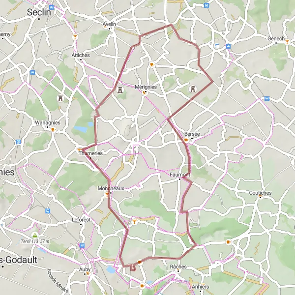 Map miniature of "Tourmignies Gravel Ride" cycling inspiration in Nord-Pas de Calais, France. Generated by Tarmacs.app cycling route planner