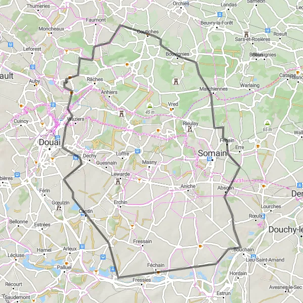 Miniature de la carte de l'inspiration cycliste "Tour de Coutiches et Aubigny-au-Bac en Route" dans la Nord-Pas de Calais, France. Générée par le planificateur d'itinéraire cycliste Tarmacs.app