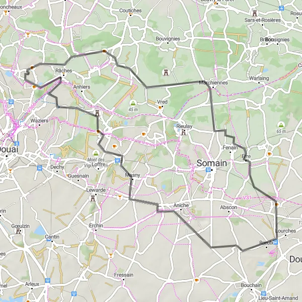Map miniature of "Flines-lez-Raches and Mont Corbeau Loop" cycling inspiration in Nord-Pas de Calais, France. Generated by Tarmacs.app cycling route planner