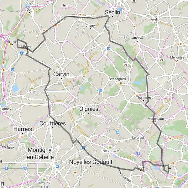 Miniature de la carte de l'inspiration cycliste "Tour d'Auby à Thumeries en Route" dans la Nord-Pas de Calais, France. Générée par le planificateur d'itinéraire cycliste Tarmacs.app