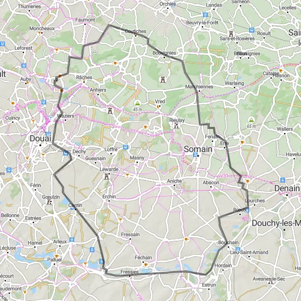 Miniature de la carte de l'inspiration cycliste "Parcours de Coutiches à Waziers sur Route" dans la Nord-Pas de Calais, France. Générée par le planificateur d'itinéraire cycliste Tarmacs.app