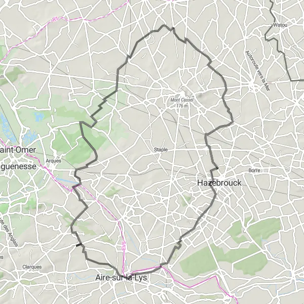 Map miniature of "Challenging Loop to Aire-sur-la-Lys and Steenbecque" cycling inspiration in Nord-Pas de Calais, France. Generated by Tarmacs.app cycling route planner
