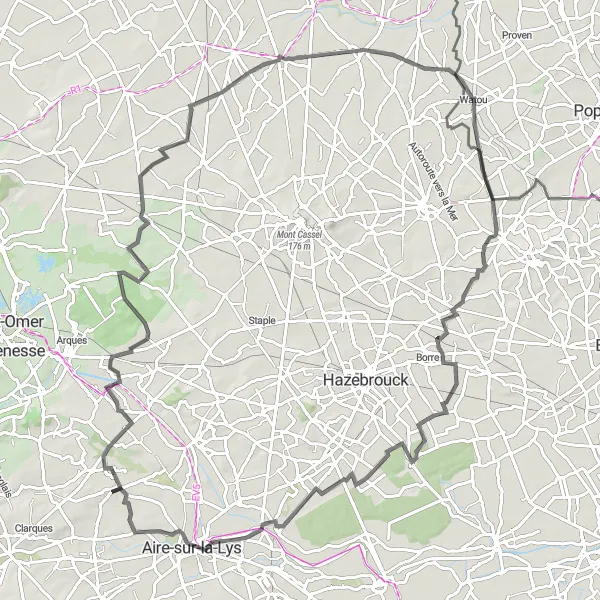 Miniature de la carte de l'inspiration cycliste "Promenade à vélo vers Wormhout et Watou" dans la Nord-Pas de Calais, France. Générée par le planificateur d'itinéraire cycliste Tarmacs.app