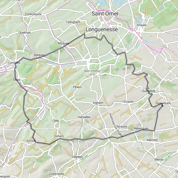 Miniature de la carte de l'inspiration cycliste "Parcours pittoresque autour de Roquetoire" dans la Nord-Pas de Calais, France. Générée par le planificateur d'itinéraire cycliste Tarmacs.app