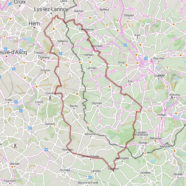 Map miniature of "Scenic Gravel Tour in Nord-Pas de Calais" cycling inspiration in Nord-Pas de Calais, France. Generated by Tarmacs.app cycling route planner