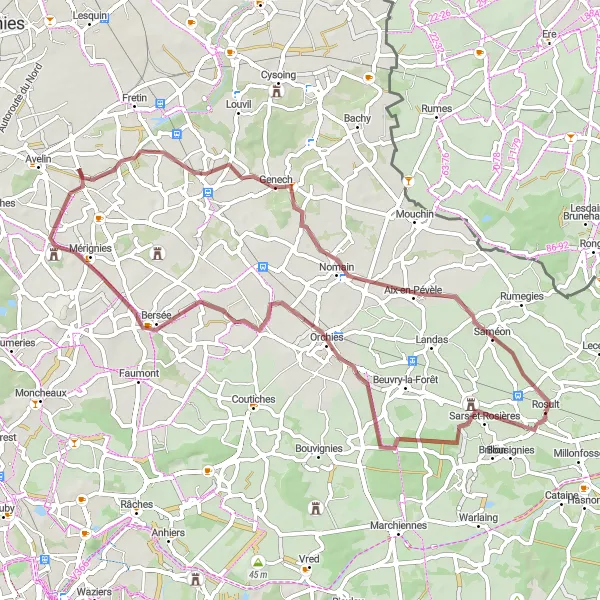 Map miniature of "Gravel Exploration near Rosult" cycling inspiration in Nord-Pas de Calais, France. Generated by Tarmacs.app cycling route planner