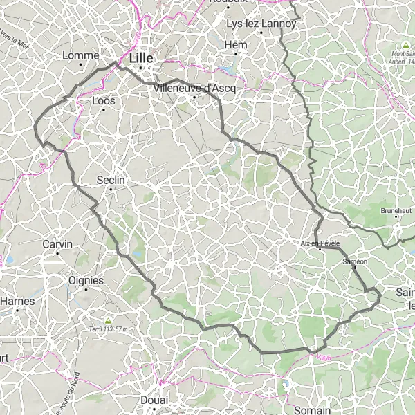 Map miniature of "Challenging Road Cycling Expedition in Nord-Pas de Calais" cycling inspiration in Nord-Pas de Calais, France. Generated by Tarmacs.app cycling route planner