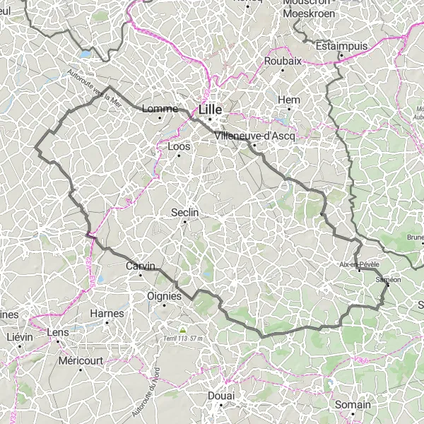 Map miniature of "Cultural road ride through historic towns and battlefields" cycling inspiration in Nord-Pas de Calais, France. Generated by Tarmacs.app cycling route planner