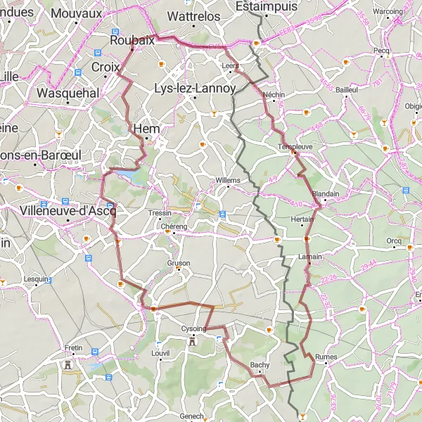 Miniature de la carte de l'inspiration cycliste "Les Chemins de la Frontière" dans la Nord-Pas de Calais, France. Générée par le planificateur d'itinéraire cycliste Tarmacs.app