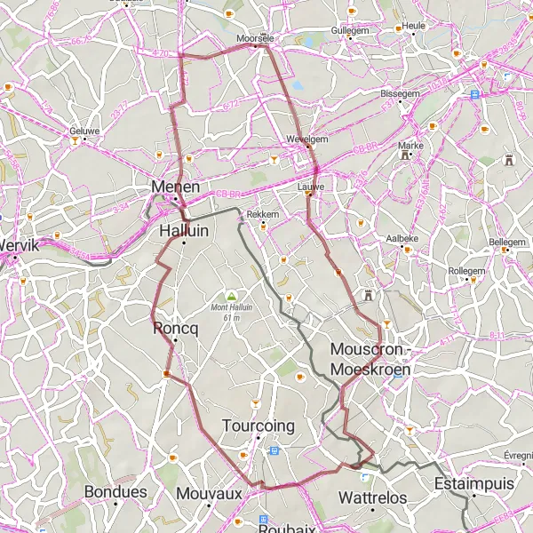 Map miniature of "Gravel Adventure through French and Belgian Towns" cycling inspiration in Nord-Pas de Calais, France. Generated by Tarmacs.app cycling route planner