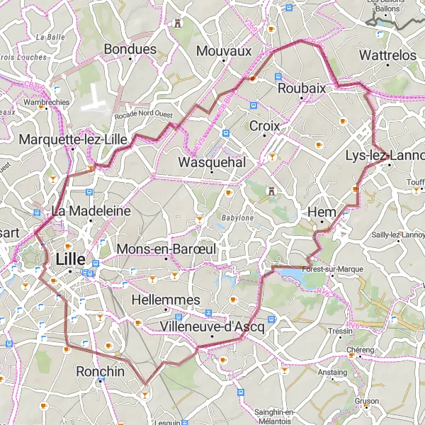 Map miniature of "Villeneuve-d'Ascq Lille Marcq-en-Barœul Route" cycling inspiration in Nord-Pas de Calais, France. Generated by Tarmacs.app cycling route planner