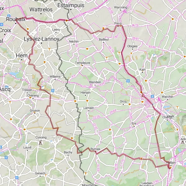 Map miniature of "Roubaix Pecq Tournai Rumes Route" cycling inspiration in Nord-Pas de Calais, France. Generated by Tarmacs.app cycling route planner