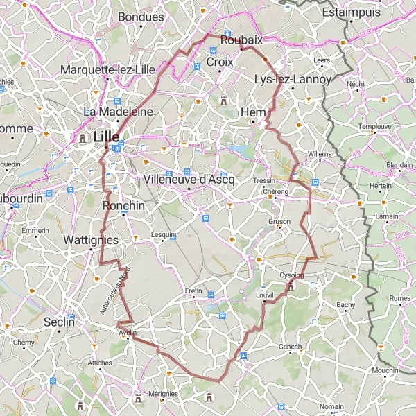 Map miniature of "Scenic Gravel Route around Lille" cycling inspiration in Nord-Pas de Calais, France. Generated by Tarmacs.app cycling route planner