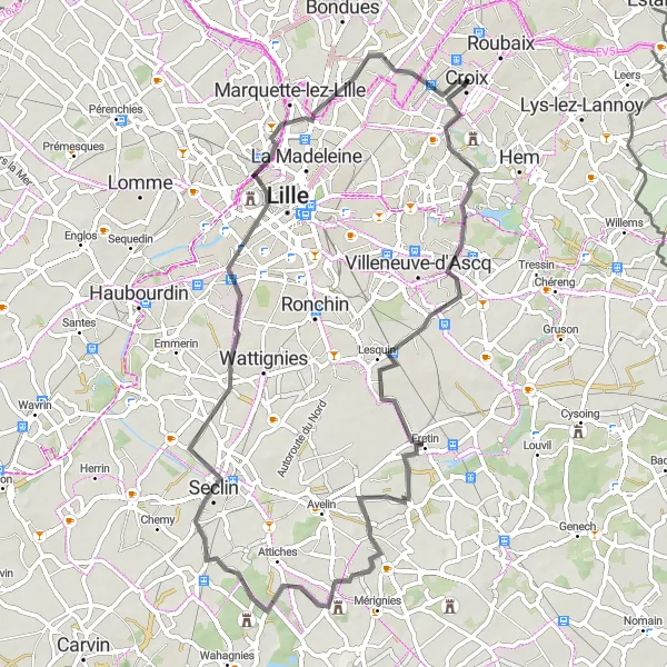 Map miniature of "Road Adventure near Roubaix" cycling inspiration in Nord-Pas de Calais, France. Generated by Tarmacs.app cycling route planner