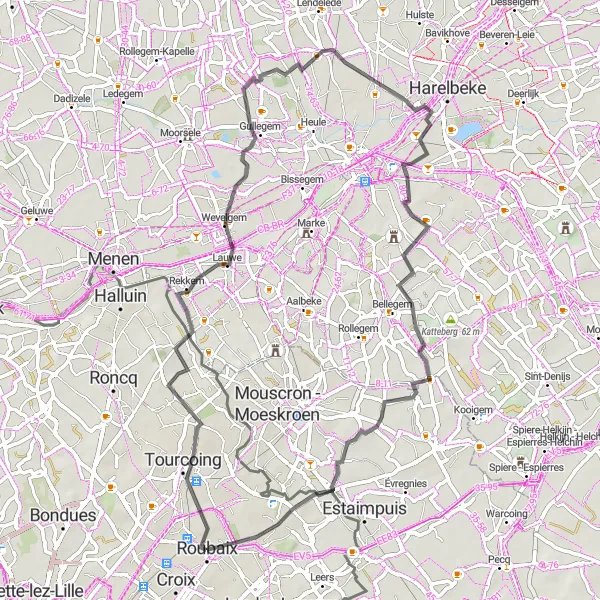 Map miniature of "Road Tourcoing Mont Halluin Wevelgem Roubaix Route" cycling inspiration in Nord-Pas de Calais, France. Generated by Tarmacs.app cycling route planner