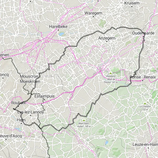 Map miniature of "Roubaix Katteberg Zwevegem Oudenaarde Celles Mont-Saint-Aubert Route" cycling inspiration in Nord-Pas de Calais, France. Generated by Tarmacs.app cycling route planner