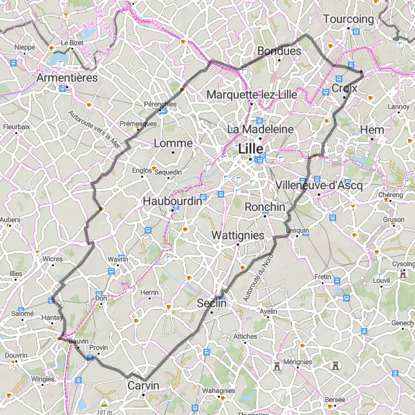 Map miniature of "Lesquin Billy-Berclau Pérenchies Bondues Roubaix Route" cycling inspiration in Nord-Pas de Calais, France. Generated by Tarmacs.app cycling route planner