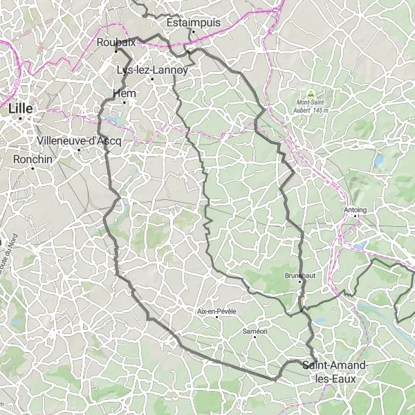 Miniature de la carte de l'inspiration cycliste "Les collines de Roubaix" dans la Nord-Pas de Calais, France. Générée par le planificateur d'itinéraire cycliste Tarmacs.app