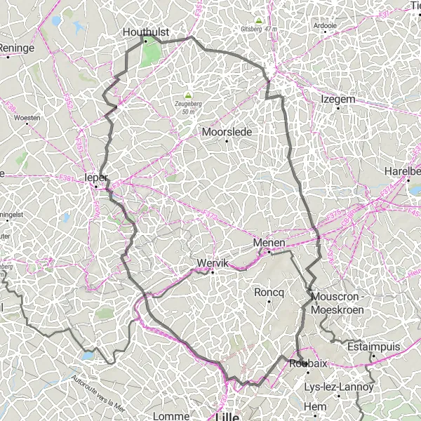 Miniature de la carte de l'inspiration cycliste "Les trésors du Nord" dans la Nord-Pas de Calais, France. Générée par le planificateur d'itinéraire cycliste Tarmacs.app