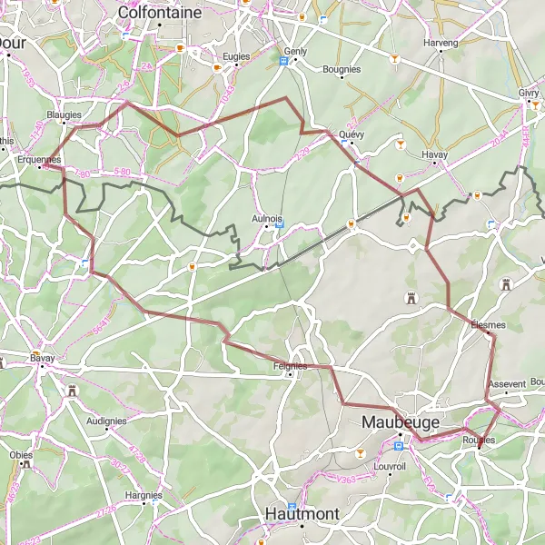 Miniature de la carte de l'inspiration cycliste "Boucle Rustique de Maubeuge à Assevent" dans la Nord-Pas de Calais, France. Générée par le planificateur d'itinéraire cycliste Tarmacs.app