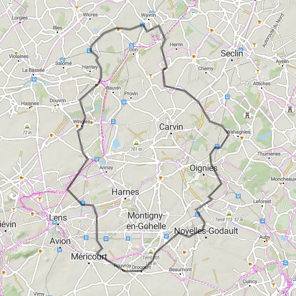 Map miniature of "Scenic Ride through Loison-sous-Lens" cycling inspiration in Nord-Pas de Calais, France. Generated by Tarmacs.app cycling route planner