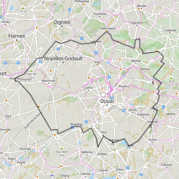 Map miniature of "Discover Montigny-en-Ostrevent" cycling inspiration in Nord-Pas de Calais, France. Generated by Tarmacs.app cycling route planner