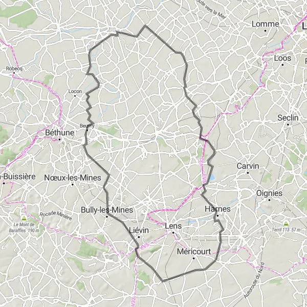 Map miniature of "Historical Battlefields and Mines" cycling inspiration in Nord-Pas de Calais, France. Generated by Tarmacs.app cycling route planner