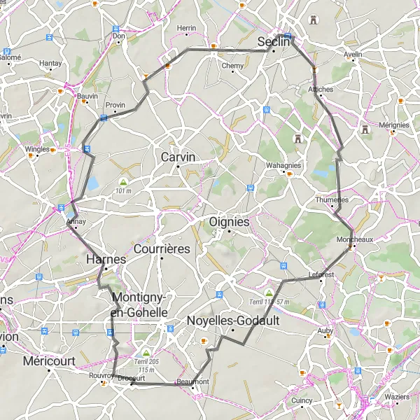 Map miniature of "Harnes Discovery Ride" cycling inspiration in Nord-Pas de Calais, France. Generated by Tarmacs.app cycling route planner