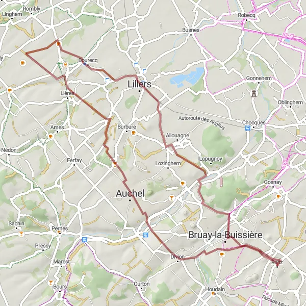 Miniature de la carte de l'inspiration cycliste "Itinéraire Gravel de Ruitz à Terril 20" dans la Nord-Pas de Calais, France. Générée par le planificateur d'itinéraire cycliste Tarmacs.app