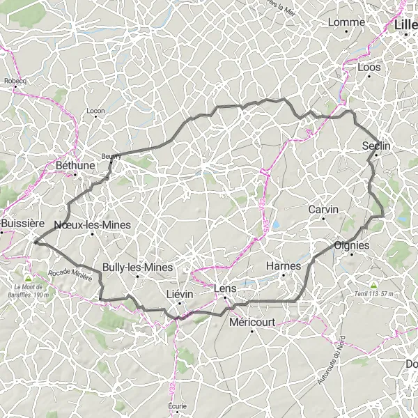 Miniature de la carte de l'inspiration cycliste "Aventure cycliste de Ruitz à Barlin" dans la Nord-Pas de Calais, France. Générée par le planificateur d'itinéraire cycliste Tarmacs.app