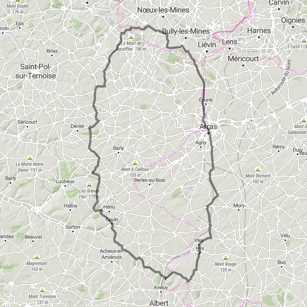 Miniature de la carte de l'inspiration cycliste "Tour Road de Bouvigny-Boyeffles à Rebreuve-Ranchicourt" dans la Nord-Pas de Calais, France. Générée par le planificateur d'itinéraire cycliste Tarmacs.app