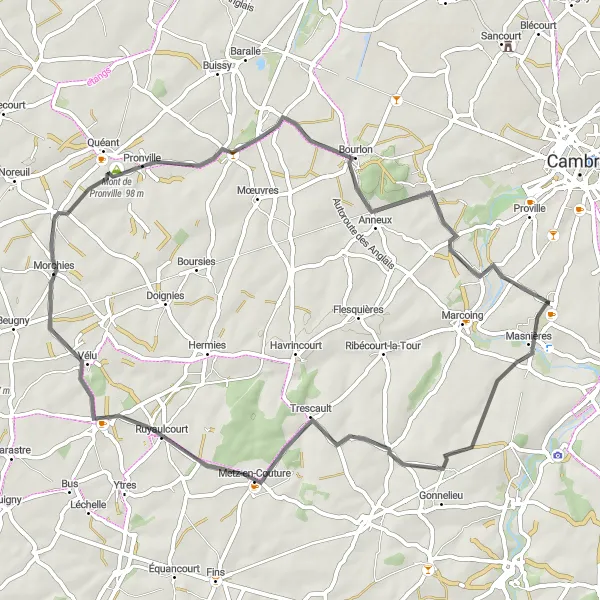 Miniature de la carte de l'inspiration cycliste "Boucle de Villers-Plouich" dans la Nord-Pas de Calais, France. Générée par le planificateur d'itinéraire cycliste Tarmacs.app