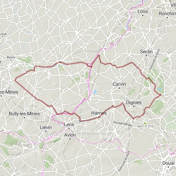 Map miniature of "Gravel Adventure through Sailly-Labourse" cycling inspiration in Nord-Pas de Calais, France. Generated by Tarmacs.app cycling route planner