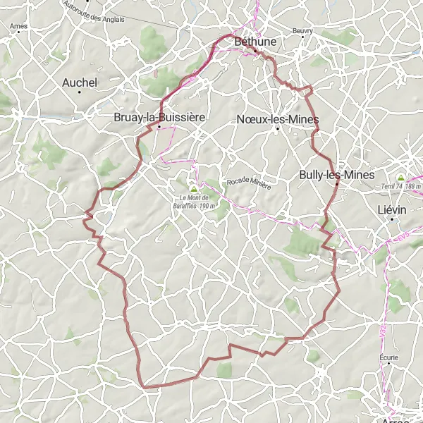 Map miniature of "Gravel Adventure from Bully-les-Mines to Verquigneul" cycling inspiration in Nord-Pas de Calais, France. Generated by Tarmacs.app cycling route planner