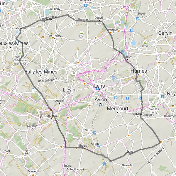 Miniature de la carte de l'inspiration cycliste "Boucle Road de Terril 46" dans la Nord-Pas de Calais, France. Générée par le planificateur d'itinéraire cycliste Tarmacs.app