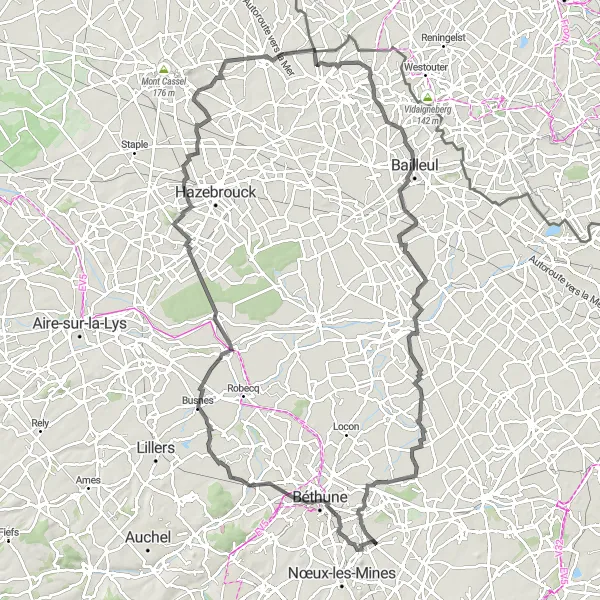 Map miniature of "The Monts de Flandre Challenge" cycling inspiration in Nord-Pas de Calais, France. Generated by Tarmacs.app cycling route planner