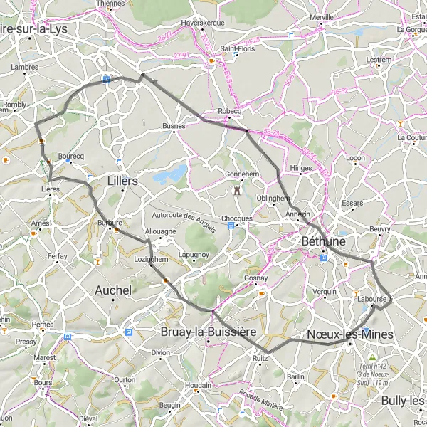 Map miniature of "Discovering Béthune on Two Wheels" cycling inspiration in Nord-Pas de Calais, France. Generated by Tarmacs.app cycling route planner