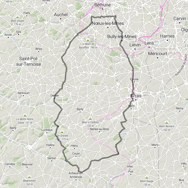 Map miniature of "The Mines and Hills Route" cycling inspiration in Nord-Pas de Calais, France. Generated by Tarmacs.app cycling route planner